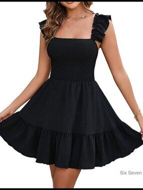 Polyester Summer Mini Dress with Ruffle Sleeves and Smocked Top